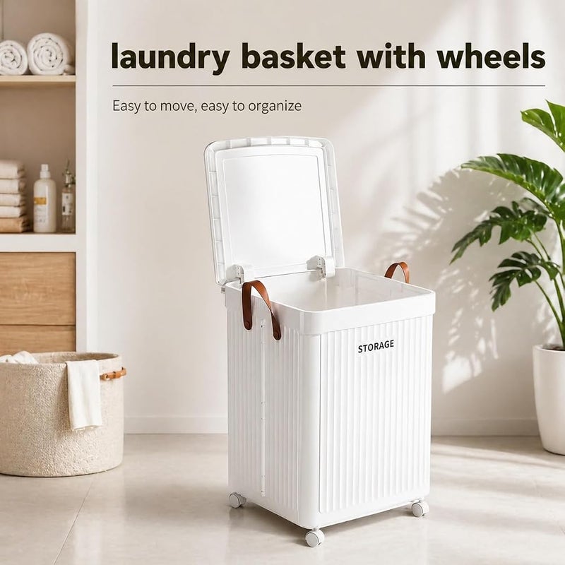 XVersion Foldable Rolling Laundry Hamper with Wheels, Collapsible Laundry Basket with Lid & Handles, Slim Space Saving Storage Basket for Bedroom, Bathroom, Clothes & Toys - White - Image 1