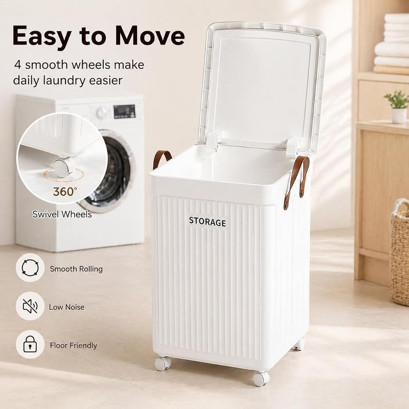 XVersion Foldable Rolling Laundry Hamper with Wheels, Collapsible Laundry Basket with Lid & Handles, Slim Space Saving Storage Basket for Bedroom, Bathroom, Clothes & Toys - White - Image 2