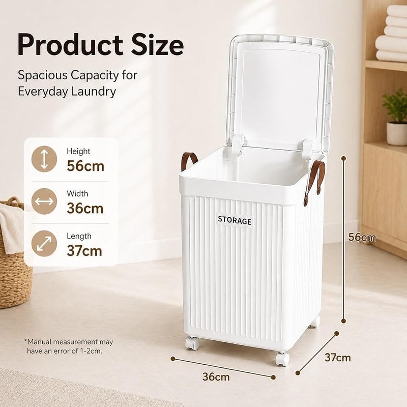 XVersion Foldable Rolling Laundry Hamper with Wheels, Collapsible Laundry Basket with Lid & Handles, Slim Space Saving Storage Basket for Bedroom, Bathroom, Clothes & Toys - White - Image 4