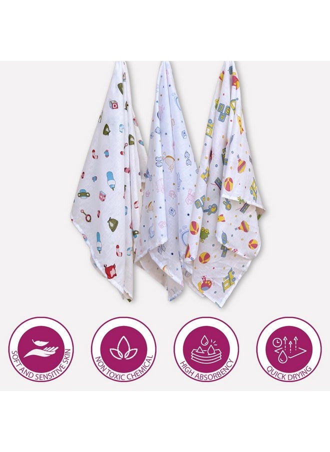 Trance Home Linen Super Ultra Soft 100% Cotton Baby Wrapper | New Born Swaddling Soft Cotton Sheets | New Born Baby Essential Swaddle Cloth | Baby Wrap Set (100X100 Cm, Nursery Print, Pack Of 3)  - Image 3