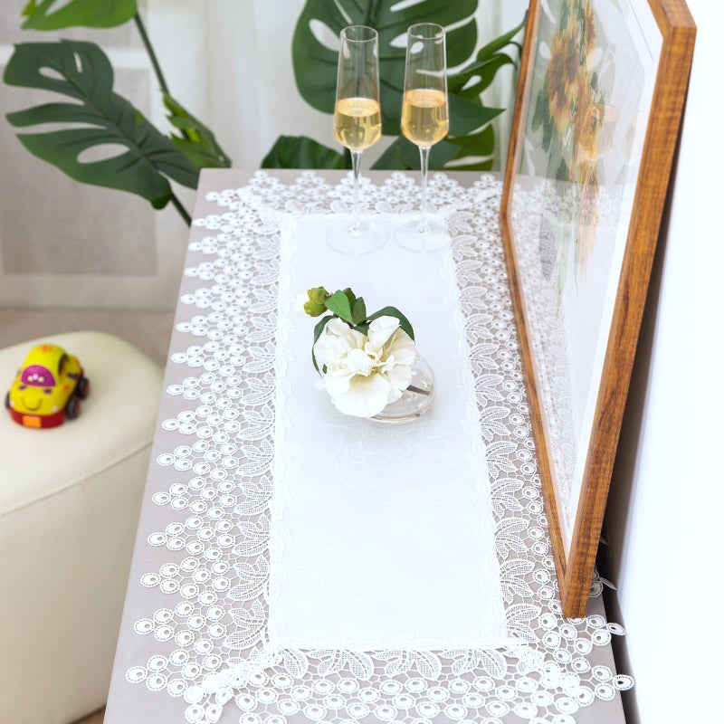 BrekSdat White lace Premium Rectangle Farmhouse Table Runner Waterproof OilProof SpillProof AntiShrink Soft Wrinkle Resistant Decorative Fabric Table Cover Kitchen Dinning Party Wedding Banquet