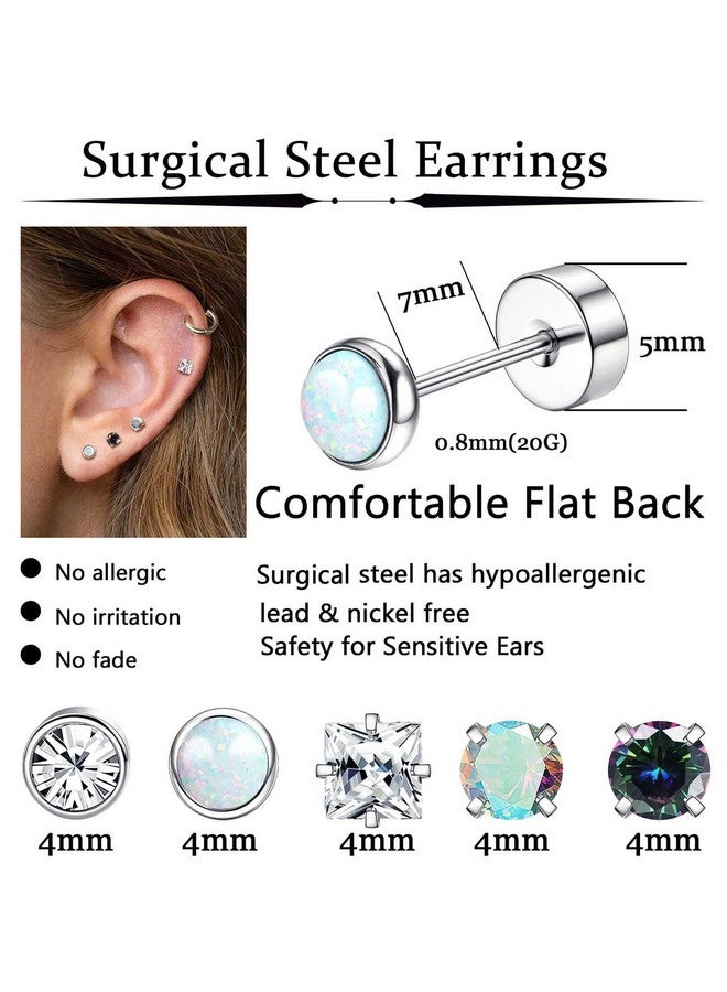 Jstyle Surgical Steel Earrings For Women Men Hypoallergenic Stud Earrings For Sensitive Ears Flat Back Earrings Stud 20G Stainless Steel Cartilage Earring Opal Small Flatback Stud Earrings Silver Tone - Image 4