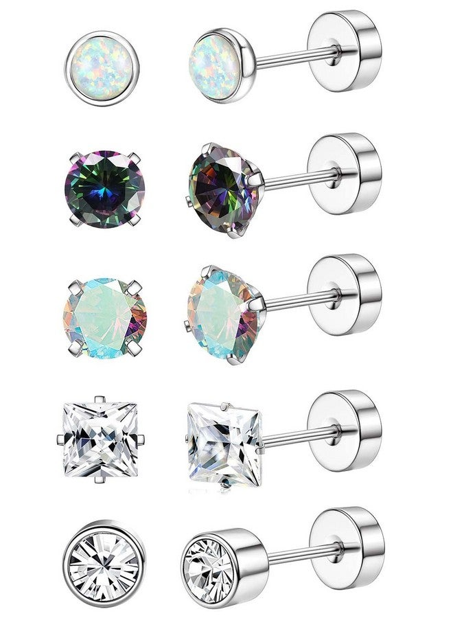 Jstyle Surgical Steel Earrings For Women Men Hypoallergenic Stud Earrings For Sensitive Ears Flat Back Earrings Stud 20G Stainless Steel Cartilage Earring Opal Small Flatback Stud Earrings Silver Tone - Image 1