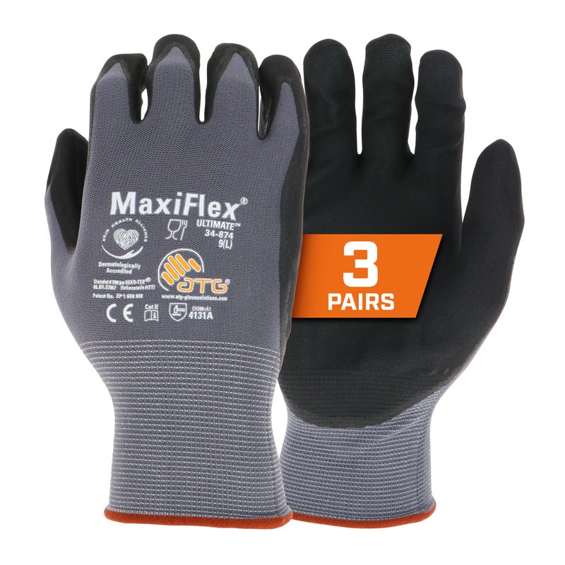 ATG MaxiFlex PIP 34-874/L MaxiFlex Ultimate, Foam Nitrile Palm Coated Gloves, Gray, Large (Pack of 3) - Image 1