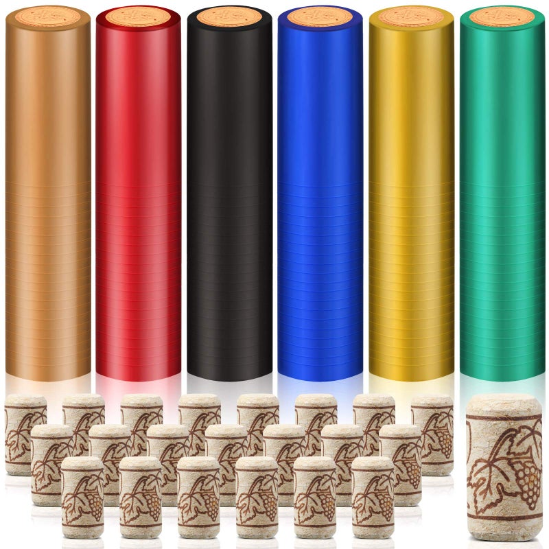 Jetec Jetec 240 Pcs Wine Bottle Corks and Seals 120 Count Natural Straight Corks and 120 Pcs 6 Color Heat Shrink Capsules Seals and Stoppers for Wine Bottles Ornament Making Arts Crafts 