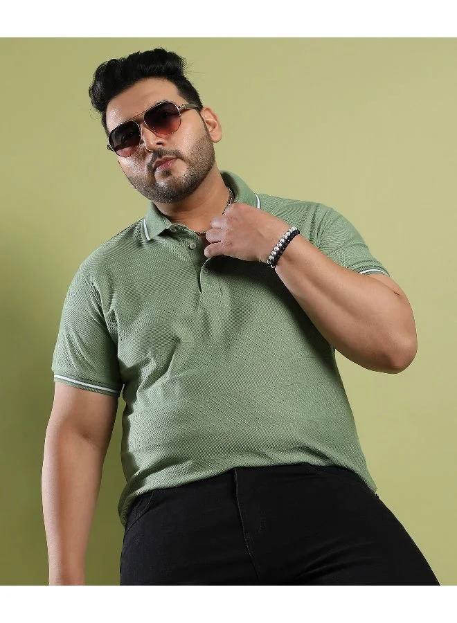 Instafab Plus Men's Olive Green Self-Design Horizontal Striped T-Shirt