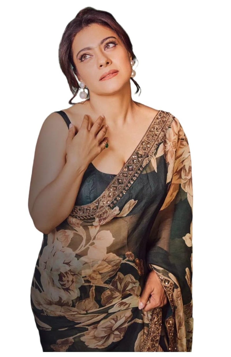 Sidhidata ساري سيدي داتا النسائي من جورجيت مزخرف بالأزهار مع قطعة بلوزة غير مخيطة - أسود مع تطريز بالخرز - Image 1