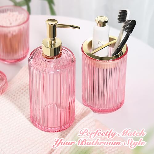 RYTOXILO Pink Bathroom Accessories Set, Pink Bathroom Decor Accessory Sets Complete, 4 Pack Ribbed Grils Soap Dispenser and Toothbrush Holder Set with 2 Qtip Holders, Girly Bath Counter Essentials - Image 3