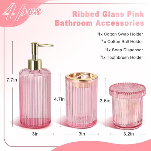 RYTOXILO Pink Bathroom Accessories Set, Pink Bathroom Decor Accessory Sets Complete, 4 Pack Ribbed Grils Soap Dispenser and Toothbrush Holder Set with 2 Qtip Holders, Girly Bath Counter Essentials - Image 2