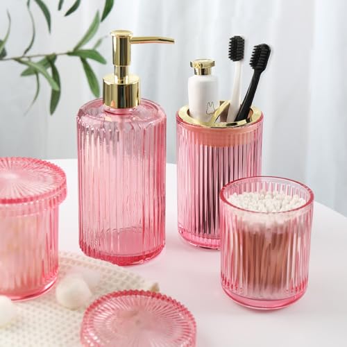 RYTOXILO Pink Bathroom Accessories Set, Pink Bathroom Decor Accessory Sets Complete, 4 Pack Ribbed Grils Soap Dispenser and Toothbrush Holder Set with 2 Qtip Holders, Girly Bath Counter Essentials - Image 5