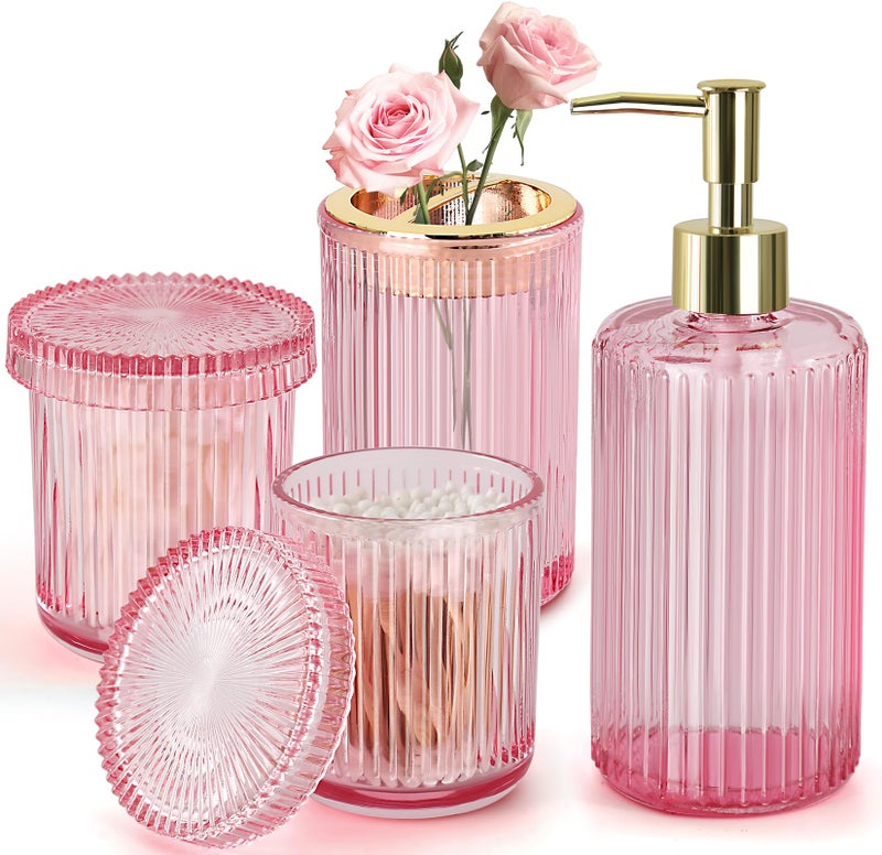 RYTOXILO Pink Bathroom Accessories Set, Pink Bathroom Decor Accessory Sets Complete, 4 Pack Ribbed Grils Soap Dispenser and Toothbrush Holder Set with 2 Qtip Holders, Girly Bath Counter Essentials - Image 1