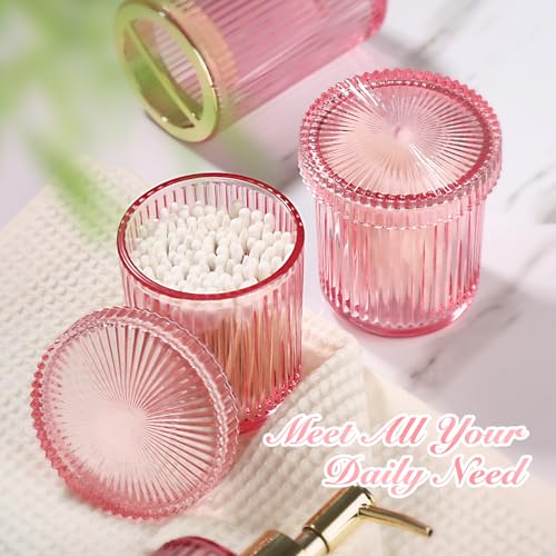 RYTOXILO Pink Bathroom Accessories Set, Pink Bathroom Decor Accessory Sets Complete, 4 Pack Ribbed Grils Soap Dispenser and Toothbrush Holder Set with 2 Qtip Holders, Girly Bath Counter Essentials - Image 4