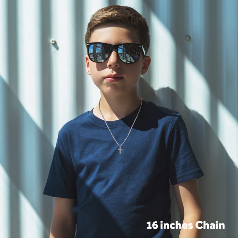 REVEMCN Black Gold Silver Cross Necklace for Boys Stainless Steel Mens Cross Pendant Chain Necklace for Men Women Religious Jewelry Gifts for Boys Girls Chain 16-24 Inches (18 inches, Silver - 0.8'' Ã— 0.5'' beveled cross pendant) - Image 2