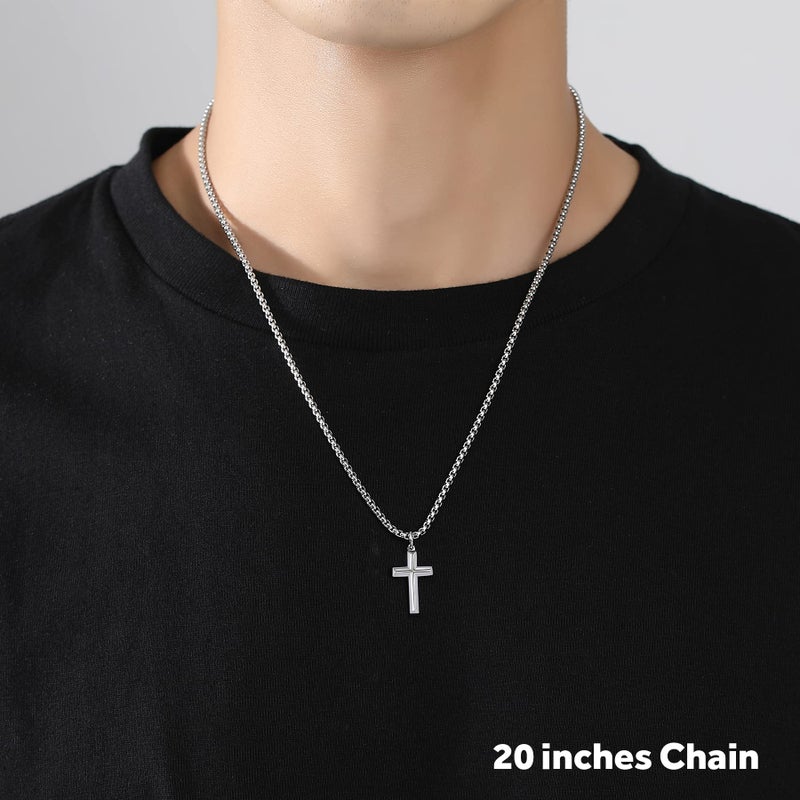 REVEMCN Black Gold Silver Cross Necklace for Boys Stainless Steel Mens Cross Pendant Chain Necklace for Men Women Religious Jewelry Gifts for Boys Girls Chain 16-24 Inches (18 inches, Silver - 0.8'' Ã— 0.5'' beveled cross pendant) - Image 3