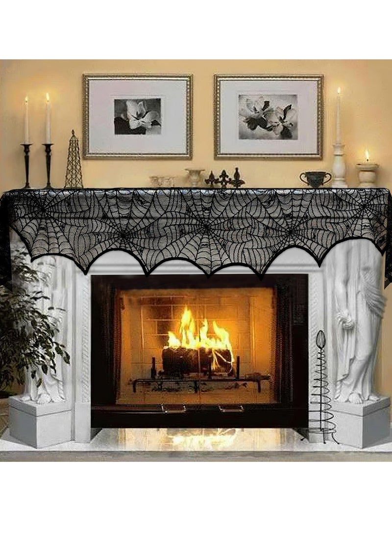 SYOSI Halloween Mantel Decor Black Lace Spiderweb Fireplace Mantle Scarf Cover Premium Quality, Perfectly Sized, Seamless Design Elevate the Atmosphere for Halloween Fireplace Decorations 18 x 96 inch  - Image 1