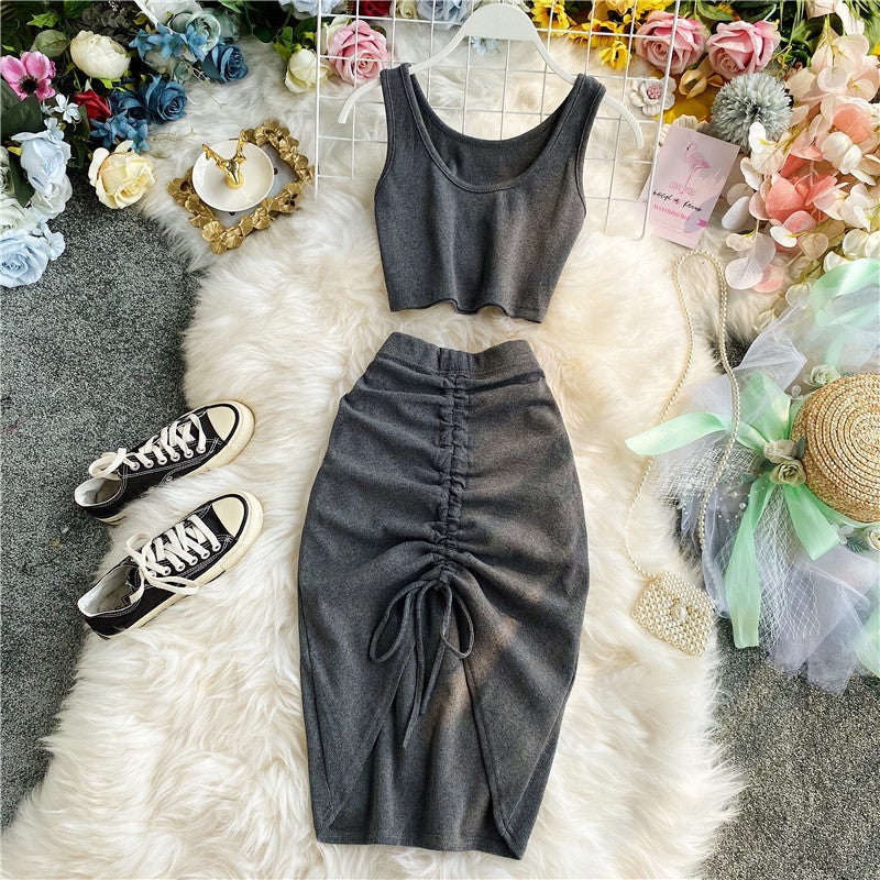 2023 New Sleeveless Vest and Dress Set Dark gray - Image 1