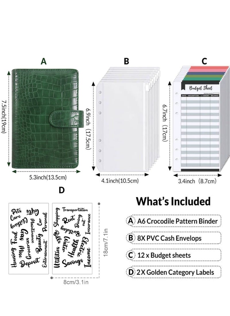 KASTWAVE - Budget Binder with 8pcs Cash Envelopes for Budgeting, Crocodile Pattern A6 Binder with 2Pcs Label Stickers and 12Pcs Expense Trackers Money Organizer for Cash for Saving Binder(Green) - Image 1