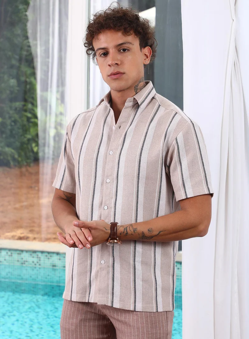 CAHOOT  Men's Saltbox Beige Shadow-Striped Shirt for Men | Best Price UAE