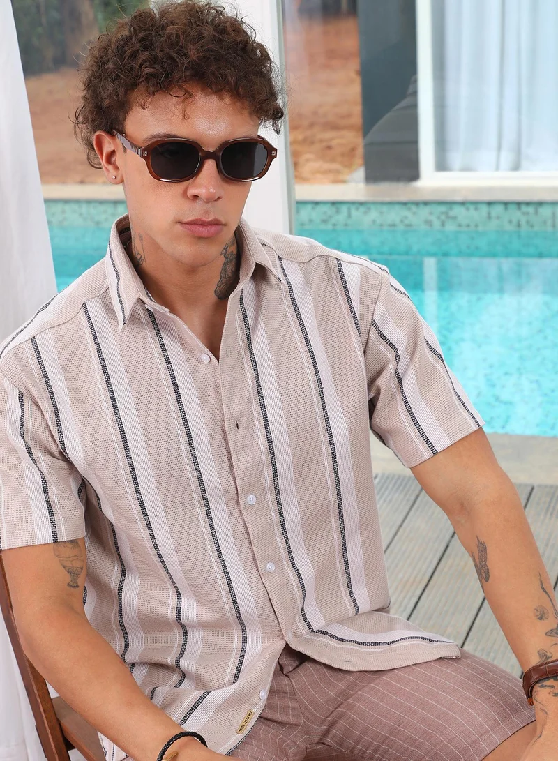 Men's Saltbox Beige Shadow-Striped Shirt