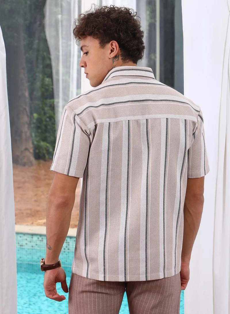 CAHOOT  Men's Saltbox Beige Shadow-Striped Shirt for Men | Best Price UAE
