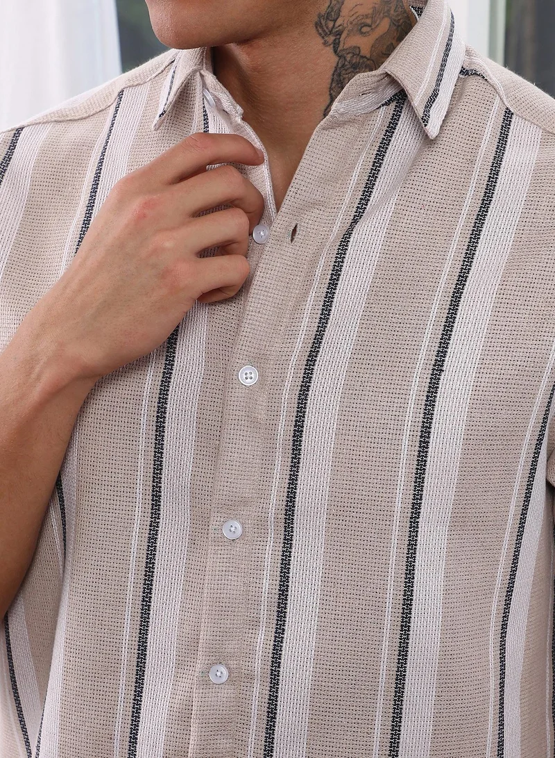 CAHOOT  Men's Saltbox Beige Shadow-Striped Shirt for Men | Best Price UAE