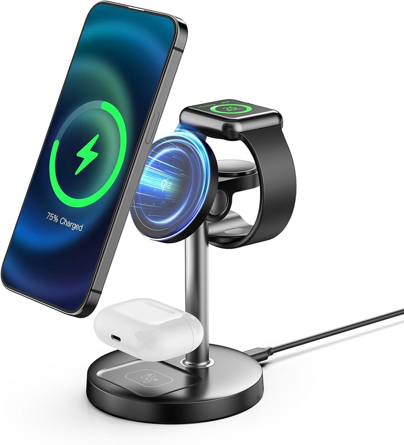 XXZU شاحن لاسلكي 3 في 1 متوافق مع Magsafe، حامل شاحن مغناطيسي محمول Qi2 بقدرة 25 واط للشحن السريع متوافق مع iPhone 17 16 15 14 13 Pro Max Plus/Apple Watch Series/Airpods - Image 1