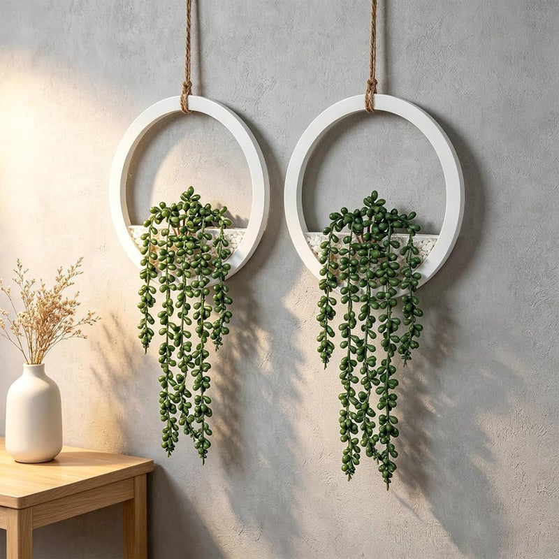 Floweroyal ديكور حائط بوهيمي، نبتتان معلقتان صناعيتان من العصارة، ديكور أخضر معلق داخلي، مثالي للحمام وغرفة المعيشة وغرفة النوم والمكتب والمرحاض، نباتات عصارية معلقة صناعية على الحائط - Image 5