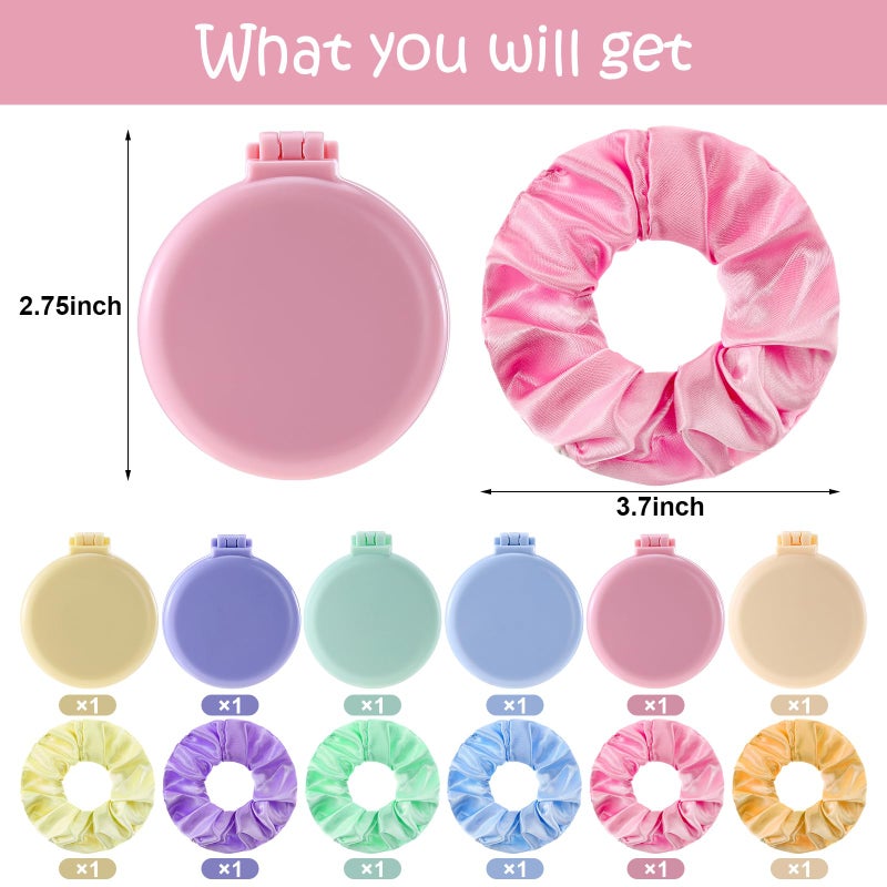 Meanplan 12 Pcs Mini Hair Brush with Mirror and Scrunchies Portable Travel Hairbrush Compact Folding Brush Pastel Satin Hair Scrunchies for Girls Women Girls Trip Favors Gifts - Image 2