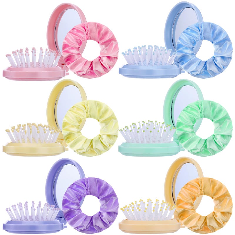 Meanplan 12 Pcs Mini Hair Brush with Mirror and Scrunchies Portable Travel Hairbrush Compact Folding Brush Pastel Satin Hair Scrunchies for Girls Women Girls Trip Favors Gifts - Image 1