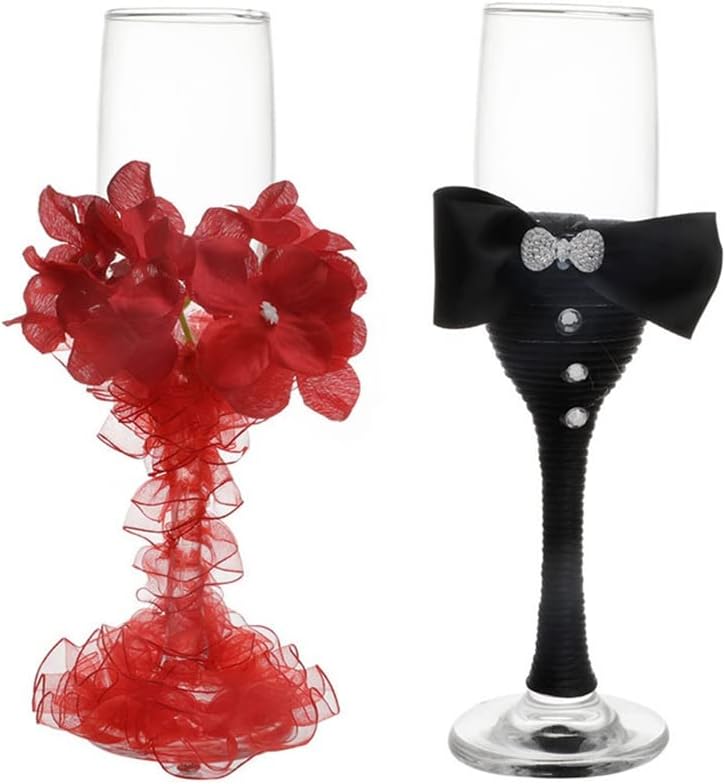 طقم كؤوس شمبانيا للعروسين، قطعتان، تصميم رومانسي، سهلة التنظيف
