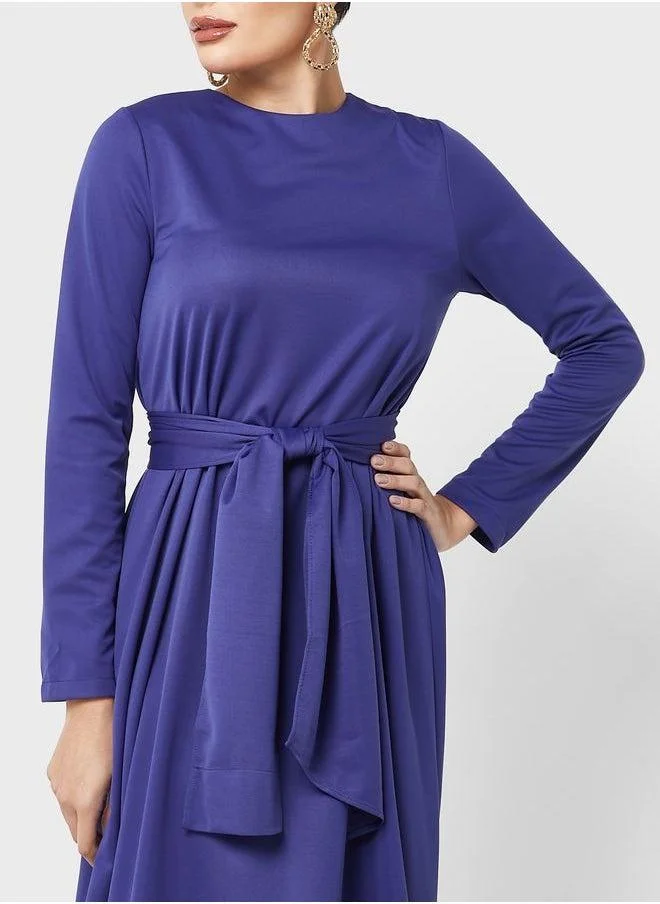 Refka by modanisa Satin Belted Midi Dress