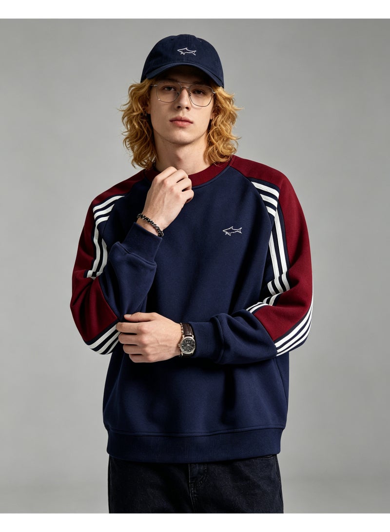Paul & Shark Unisex Crew Neck Sweatshirt Vintage Washed Oversized Color‑Block Striped Sleeves Casual Sporty Campus Top, Navy Burgundy White - Image 5