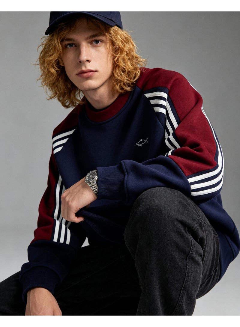 Paul & Shark Unisex Crew Neck Sweatshirt Vintage Washed Oversized Color‑Block Striped Sleeves Casual Sporty Campus Top, Navy Burgundy White - Image 2