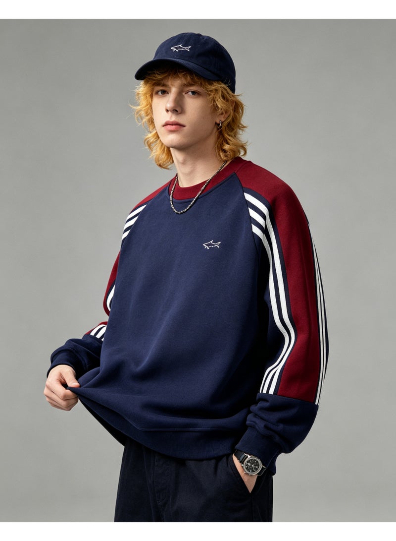 Paul & Shark Unisex Crew Neck Sweatshirt Vintage Washed Oversized Color‑Block Striped Sleeves Casual Sporty Campus Top, Navy Burgundy White - Image 4