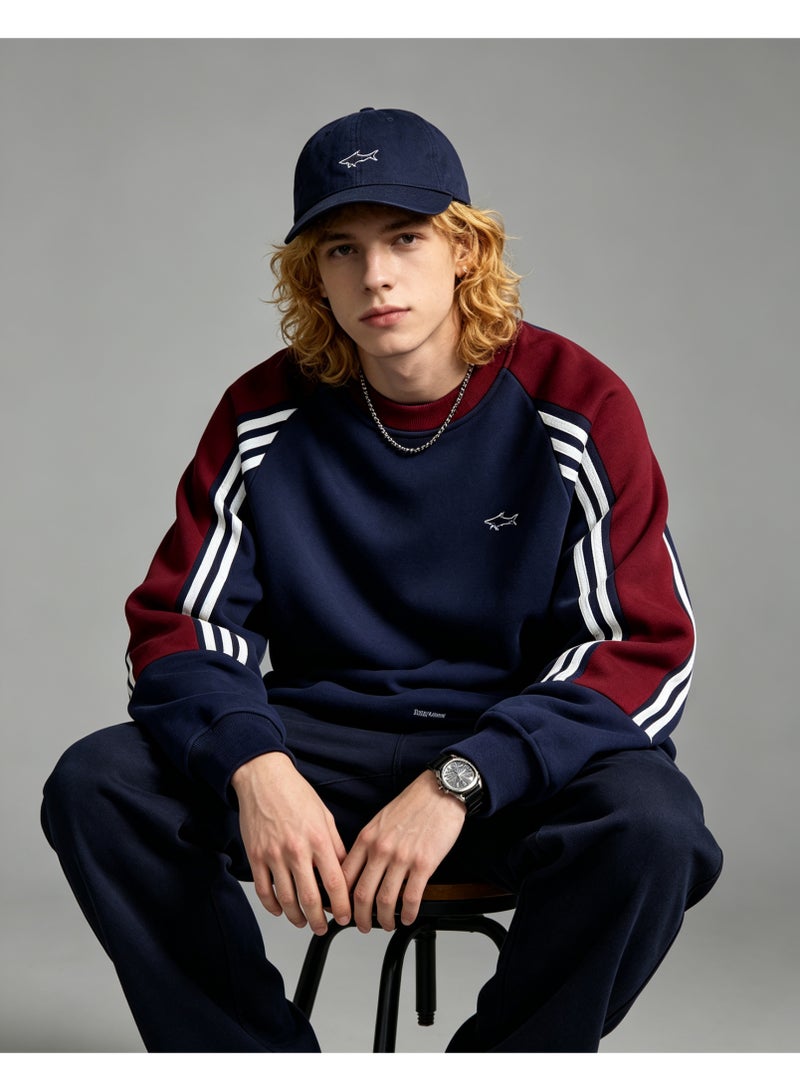 Paul & Shark Unisex Crew Neck Sweatshirt Vintage Washed Oversized Color‑Block Striped Sleeves Casual Sporty Campus Top, Navy Burgundy White - Image 3