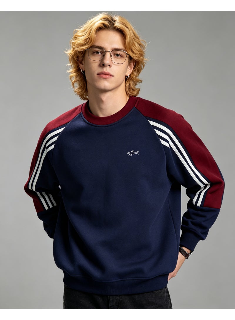 Paul & Shark Unisex Crew Neck Sweatshirt Vintage Washed Oversized Color‑Block Striped Sleeves Casual Sporty Campus Top, Navy Burgundy White - Image 1