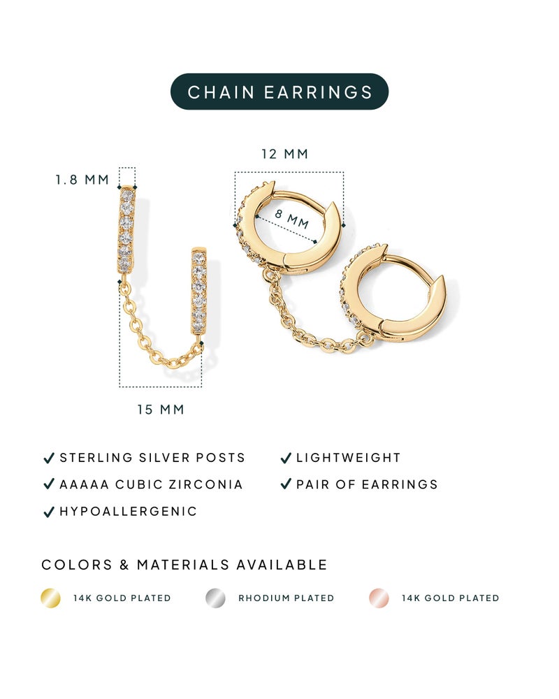 PAVOI 14K Gold Chain Earrings for Women Double Piercing Dangle Chain Huggie Hoop Earrings Cubic Zirconia Pearl Stud Ear Cuff Earrings for Women, 12mm, Rose Gold, Cubic Zirconia - Image 3