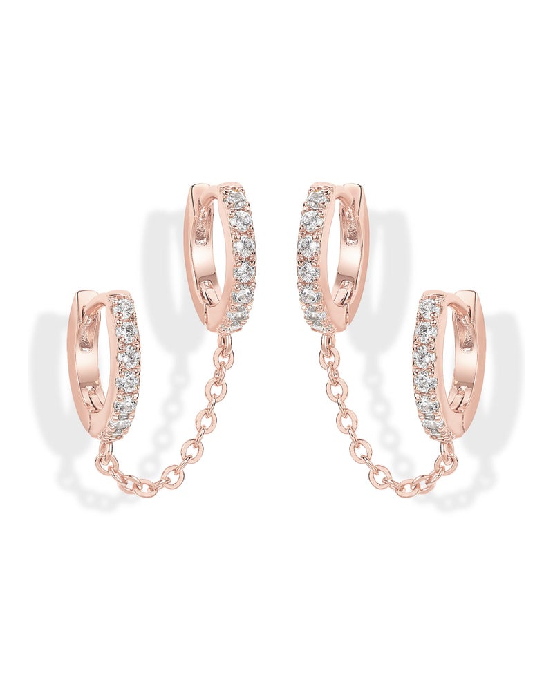PAVOI 14K Gold Chain Earrings for Women Double Piercing Dangle Chain Huggie Hoop Earrings Cubic Zirconia Pearl Stud Ear Cuff Earrings for Women, 12mm, Rose Gold, Cubic Zirconia - Image 1