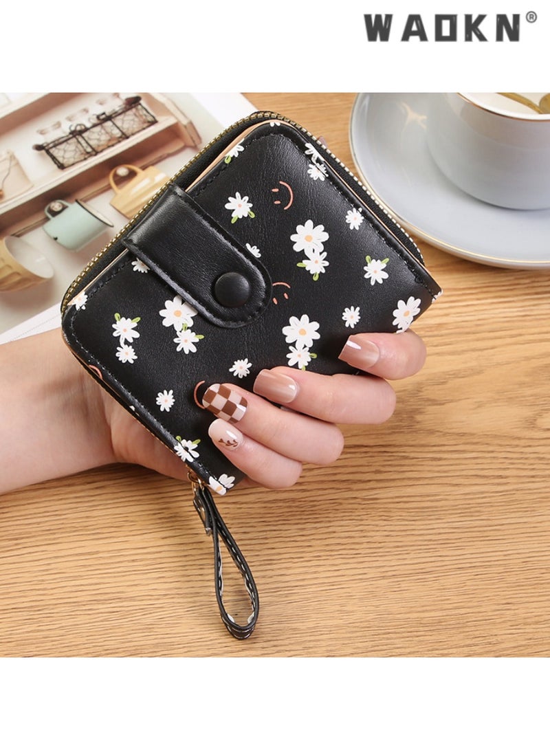 WAOKN Fashionable Korean-style Daisy Watercolor Art Print Short Women's Zippered Wallet, Delicate and Compact with Multiple Card Slots and Coin Compartment（Black）  - Image 1