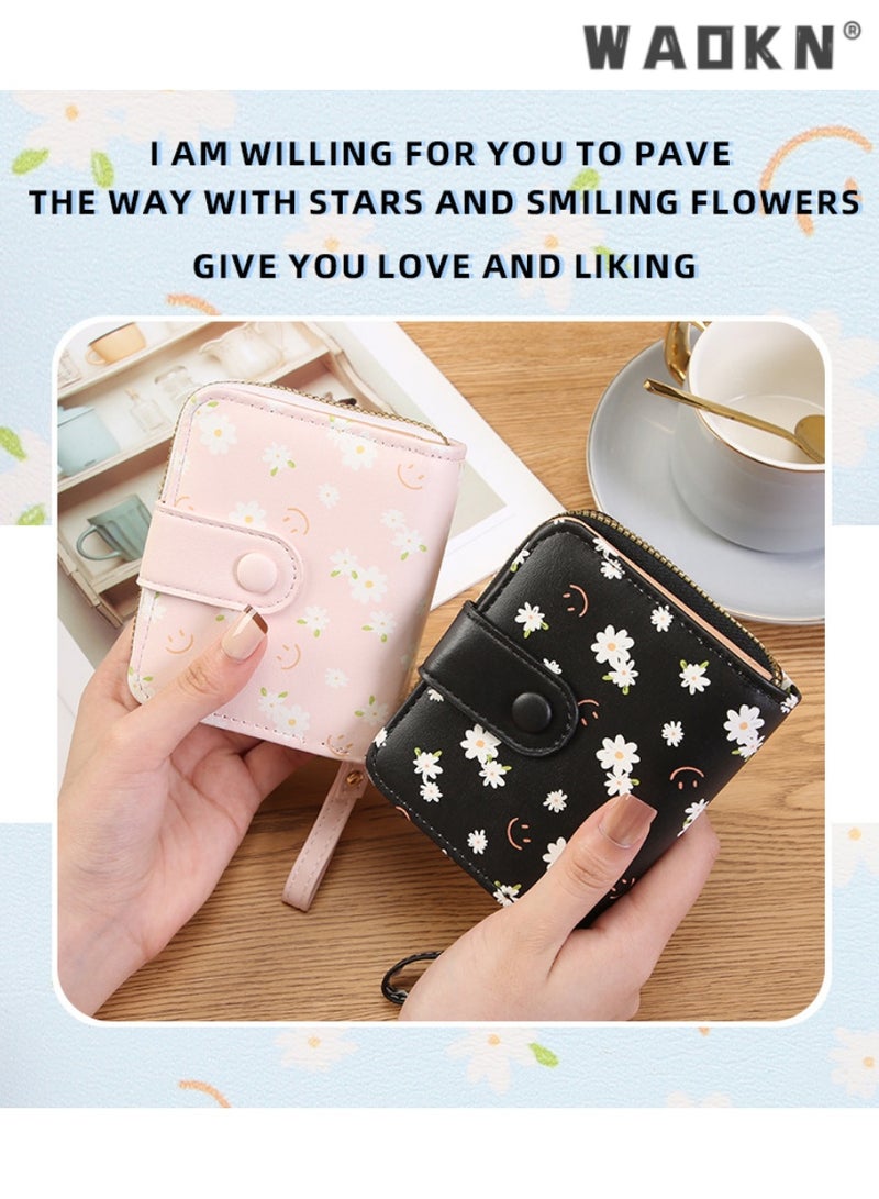 WAOKN Fashionable Korean-style Daisy Watercolor Art Print Short Women's Zippered Wallet, Delicate and Compact with Multiple Card Slots and Coin Compartment（Black）  - Image 4