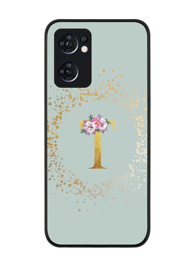 Stylizedd Rugged Black edge case for Oppo Reno7 5G  Slim fit Soft Case Flexible Rubber Edges Anti Drop TPU Gel Thin Cover - Custom Monogram Initial Letter Floral Pattern Alphabet - T (Light Grey ) - Image 1