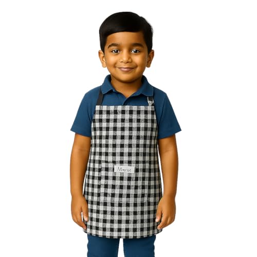 MAKSTILE Kids Checkered Apron| Adjustable Neck Strap| Ideal for Cooking, Baking, Painting & School Activities|Unisex | Cotton Chef Children Apron for Boys & Girls| 3 to 6 years| Size-50x37 cms (Black) - Image 1