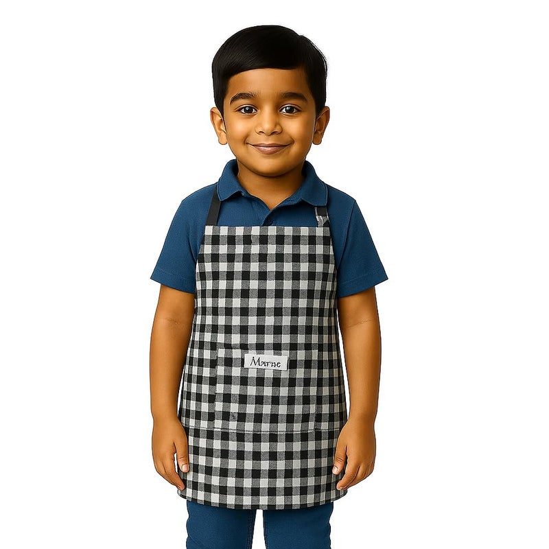 MAKSTILE Kids Checkered Apron| Adjustable Neck Strap| Ideal for Cooking, Baking, Painting & School Activities|Unisex | Cotton Chef Children Apron for Boys & Girls| 3 to 6 years| Size-50x37 cms (Black) - Image 5
