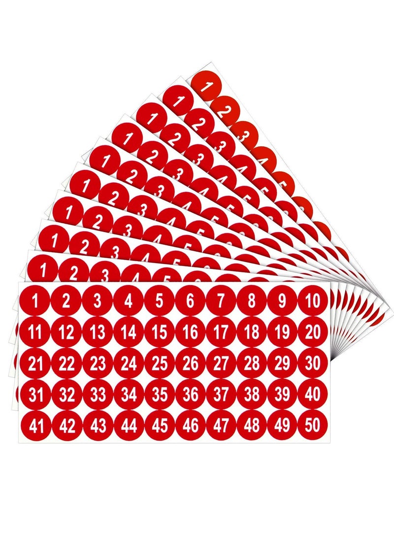 Excefore - Number Stickers, Consecutive Number Stickers (1-50) 2.54cm Number Labels Waterproof Self-Adhesive Universal Label for Indoor Outdoor Daily Storage Uses (Red, 10 Sheets) - Image 1