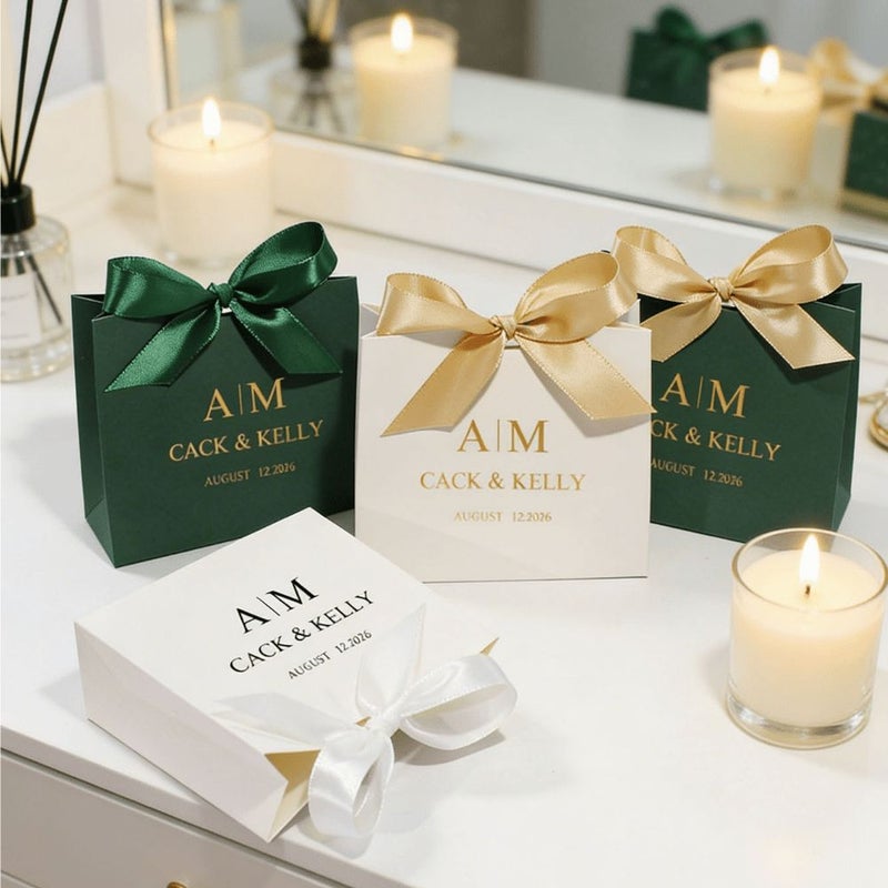 Personalized Wedding Favor Gift Boxes 10 Pack White Gold Ribbon - Image 2