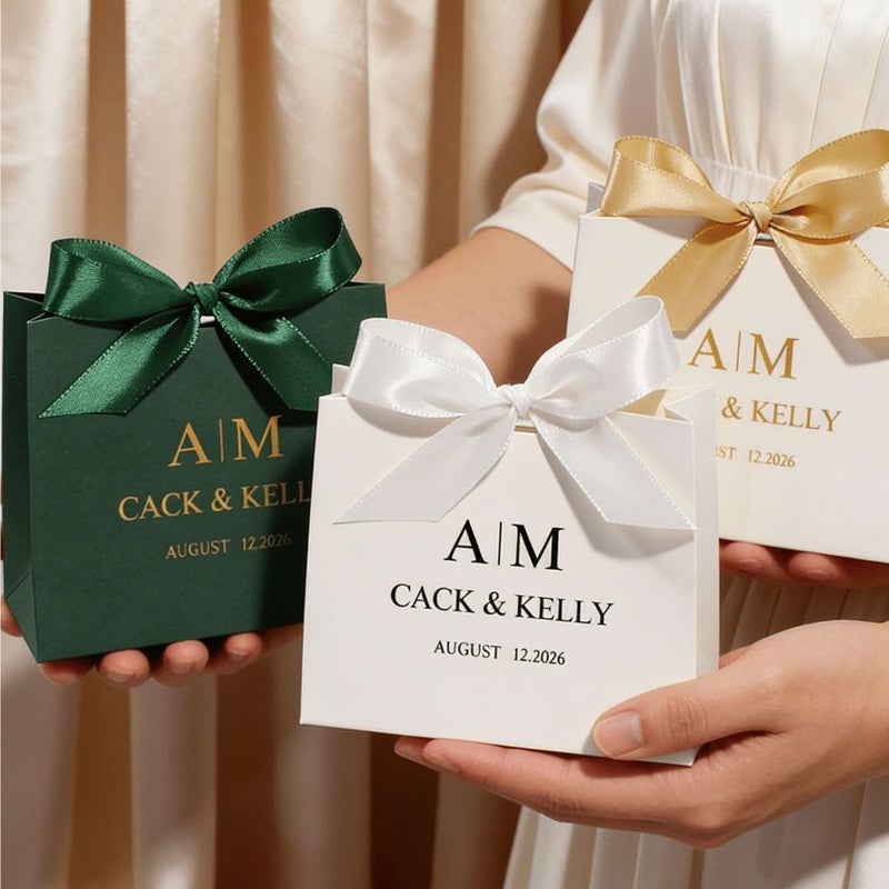 Personalized Wedding Favor Gift Boxes 10 Pack White Gold Ribbon - Image 1