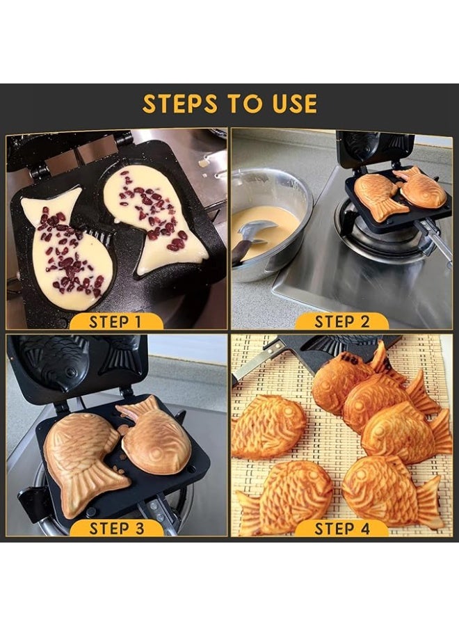 DUNISO Double Fish Shaped Waffle Maker，Non-stick Taiyaki Cake Pan Bread Waffle Maker with Streamlined Handle，Taiyaki Fish Shape Cake Pan Mold，for Home DIY Cooking - Image 4