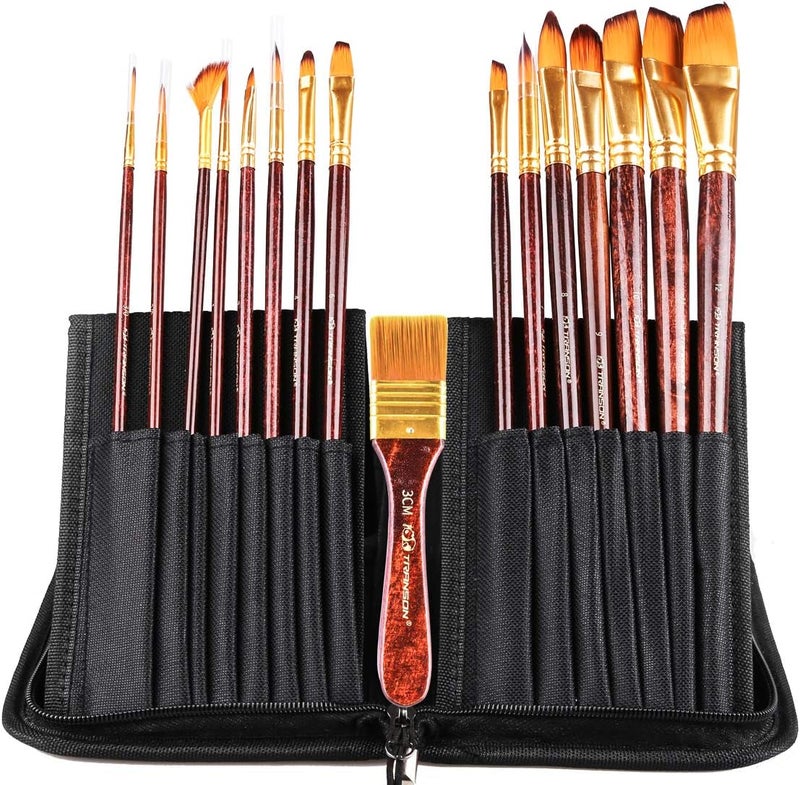 TRANSON 16pcs Professional Long Artist Paint Brush Set with Brush Case Assorted for Acrylic Watercolor Gouache Oil Tempera and Body Painting - Image 1
