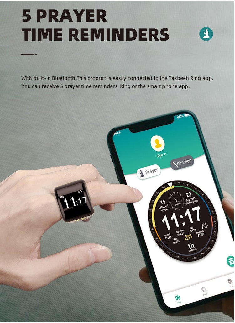 Equantu - خاتم ذكي مقاس 18 مم مع عداد تسبيح تذكيري بالاهتزاز واتصال بلوتوث لتطبيق IQIBLA الحصري و5 تذكيرات يومية للصلاة - Image 1
