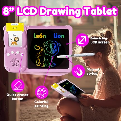 MoLingvora Drawing Tablet with Bilingual Flashcards for Kids Spanish English Talking Flash Cards LCD Writing Pad Board Pocket Speech for Toddlers Learning Toy Gift for Boys Girls Spanish Pink - Image 5
